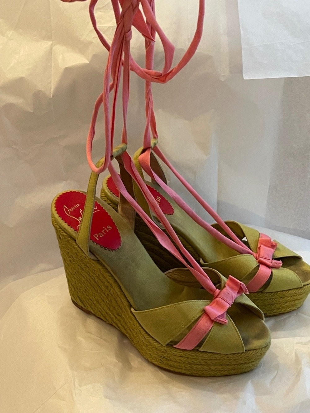 Christian Louboutin Pink & Green Bow Tie Ankle Wedges Espadrilles EU 39